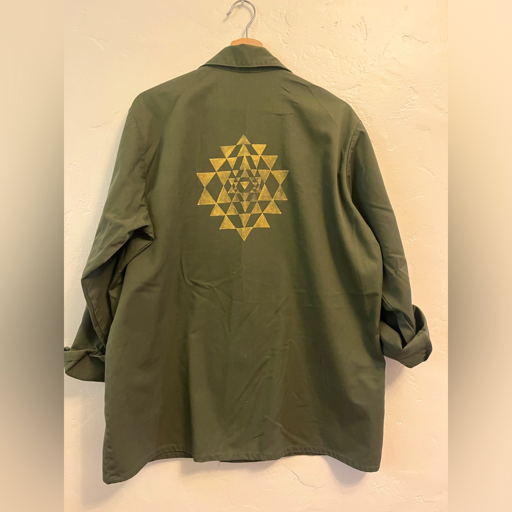 Hand Painted 1960’s Vintage Army Jacket. Sri Yantra Design, Embroidered Eye
